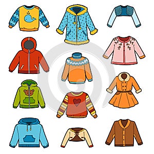 Vector set of shirts, color collection of sweaters, jumpers and coats