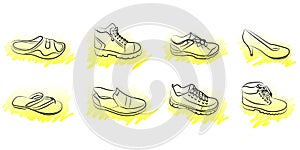 Vector set of shoes, slippers, women`s and men`s shoes