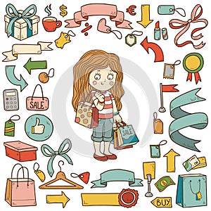 Vector set of shopping items, girl with shopping bags