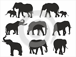 Vector set of silhouettes of elephants with their children in various poses.