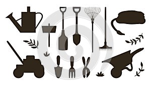 Vector set with silhouettes of garden tools, flowers, herbs, plants. Collection of black and white gardening equipment. Flat