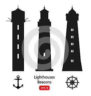 Vector set of silhouettes with lighthouses, beacons and marine symbols photo