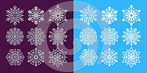 Vector set of silver and white snowflakes on dark purple and blue background