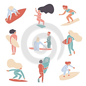 Vector set of simple abstract surfers faceless silhouettes. Surfing school logo banner. Girls and boys are surfing. Wave riders