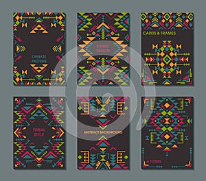 Vector set of six cards. Ethnic ornate pattern with geometric shapes.