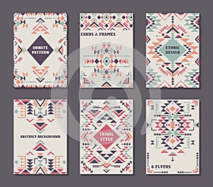 Vector set of six cards. Ethnic ornate pattern with geometric shapes.