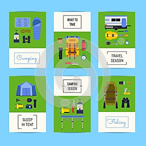 Vector set of cards with flat style camping elements