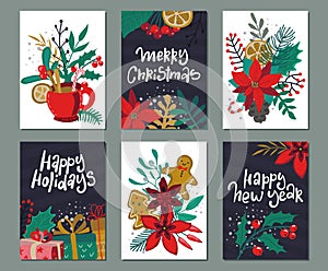 Vector set of six Christmas and New Year greeting cards with handwritten text, flowers, plants, holiday simbols