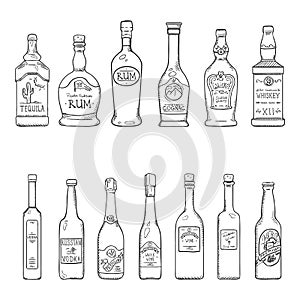 Vector Set of Sketch Alcohol Drinks Bottles