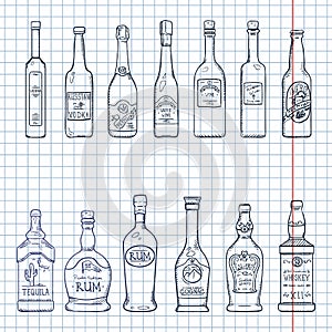 Vector Set of Sketch Alcohol Drinks Glass Bottles
