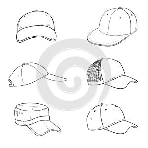 Vector Set of Sketch Baseball Caps