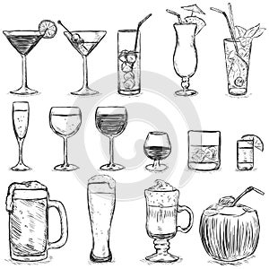 Vector Set of Sketch Cocktails and Alcohol Drinks