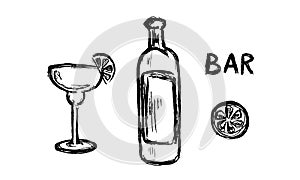 Vector Set of Sketch Cocktails and Alcohol Drinks, bar. beer, wine, whiskey