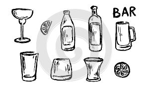 Vector Set of Sketch Cocktails and Alcohol Drinks, bar. beer, wine, whiskey