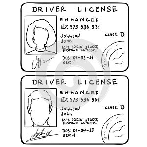 Vector Set of Sketch Drivers Licences. Male and Female Template