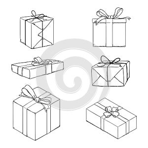 Vector Set of Sketch Gift Boxes with Ribbons and Bows