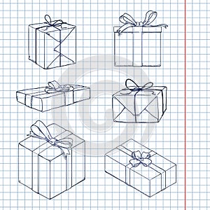 Vector Set of Sketch Gift Boxes with Ribbons and Bows