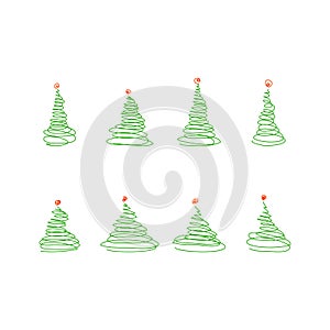 Vector set from sketch green christmas trees with red decoration