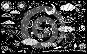 Vector set sketch hand drawn with space, star, cloud, sun, moon, comet. Doodle style. Elements for design.