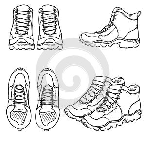 Vector Set of SKetch Hiking Boots. Side, Front and Top View