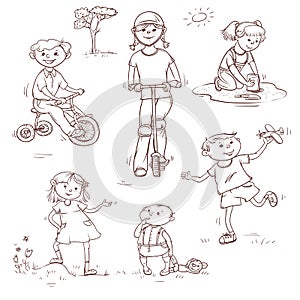 Vector set of sketch illustration of active children playing. Small kids and teenagers on the bike and scooter, a toy in