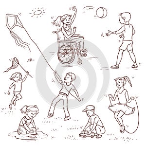 Vector set of sketch illustration of children. Girl in wheelchair active ball game with the boy, the child catches a