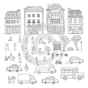 Vector set sketch illustration urban street in the historic European city, trucks and cars. Kit of outdoor plants and