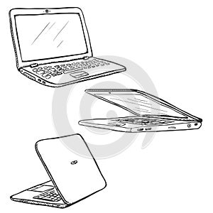 Vector Set of Sketch Laptops. Closed and Open. Back and Front View.