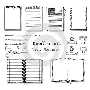 Vector Set of Sketch Notebooks, Notepads and Diaries. Office stuff set. Hand drawing sketch vector illustration. Cool design eleme