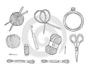 Vector set of sketch sew and knitting equipment