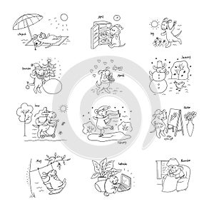 Vector set sketch various funny stories from life cartoon puppy. Different seasons and situations. Character dog on photo