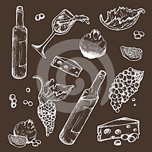 Vector set of sketches beverage and food on a dark background. Wine bottle, wineglass, fruit, piece, the branches the