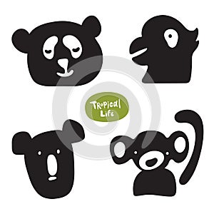 Vector set of sketches of funny doodle drawn animals. Monkey, koala, panda, parrot vector isolated silhouettes on white background