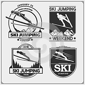 Vector set of Ski jumping emblems. labels, badges and design elements. Print design for t-shirt. Sport club emblems.