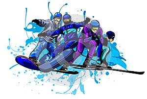 Vector set of skiers. People skiing design elements isolated on white background.