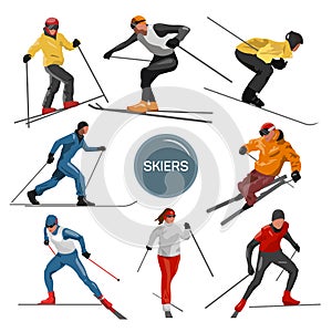 Vector set of skiers. People skiing design elements isolated on white background. Winter sport silhouettes in different