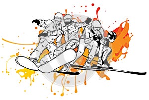 Vector set of skiers. People skiing design elements isolated on white background.