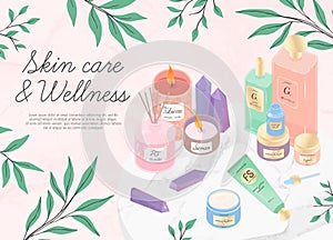 Vector set of skincare cosmetic products,skin care,aromatherapy,spa and wellness concept.Beauty routine