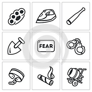 Vector Set of Slavery Icons. Beatings, Torture, Threat, Servitude, Fear, Captivity, Shackles, Cigar, Construction.