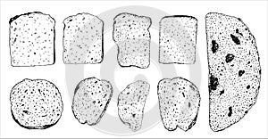 Vector set of slices of various shapes and types of bread, top view drawn by hand with a black line in the sketch style on a white