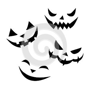 Vector set of smiling faces ghosts in flat style. Halloween`s element for party, poster, invitation. Black and white