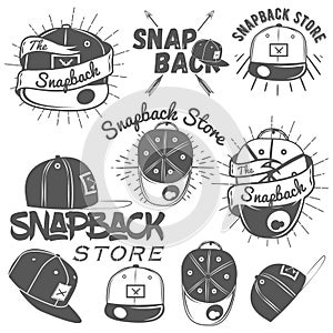 Vector set of snapback store labels in vintage style. Flat cap hats concept illustration