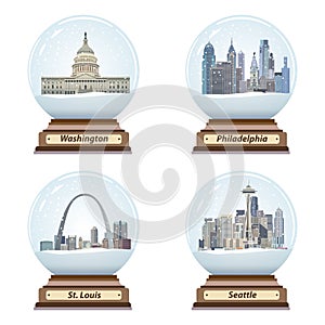 Vector set of snow globes with abstract city skylines