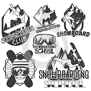 Vector set of snowboard sport labels in vintage style. Snowboarding and outdoor mountain adventure concept illustration