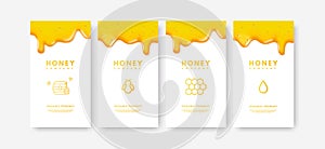 Vector Set of social media stories 3d gold liquid honey, gradient drop of honey, honeycomb, honeybees, honey stick