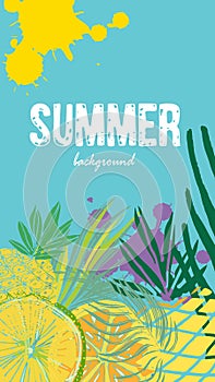 Vector set of social media stories templates. Summer bright tropical backgrounds with fruits, palms photo