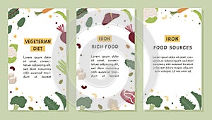 Vector Set of Social media Vertical Banner templates of iron food sources. Social media Story with text. Pattern with