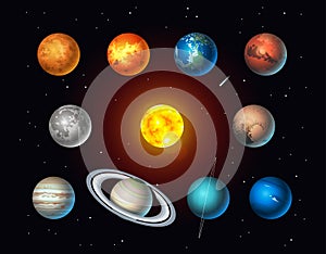 Vector set of Solar System objects. Sun, Moon, Pluto and Planets on space background