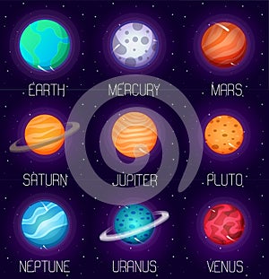 Vector set of solar system planets in cartoon style. Outer space design elements and icons