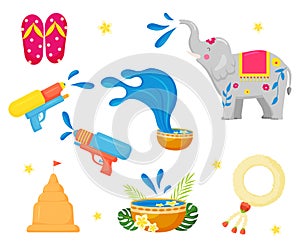 Vector set of Songkran water festival icons in fat style. Thai New Year elements. Sand pagoda, elephant, water gun